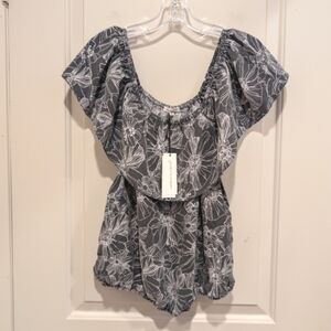 100% Silk Unsubscribed Floral Off-Shoulder Top - Gray Medium